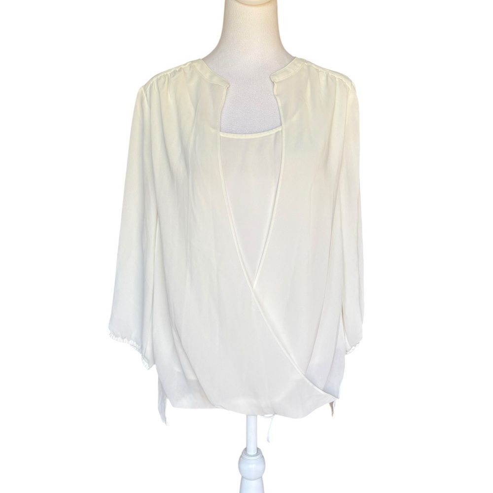 J Jill Wearever White Blouse Crossover Draped Hi Lo Womens Size Small